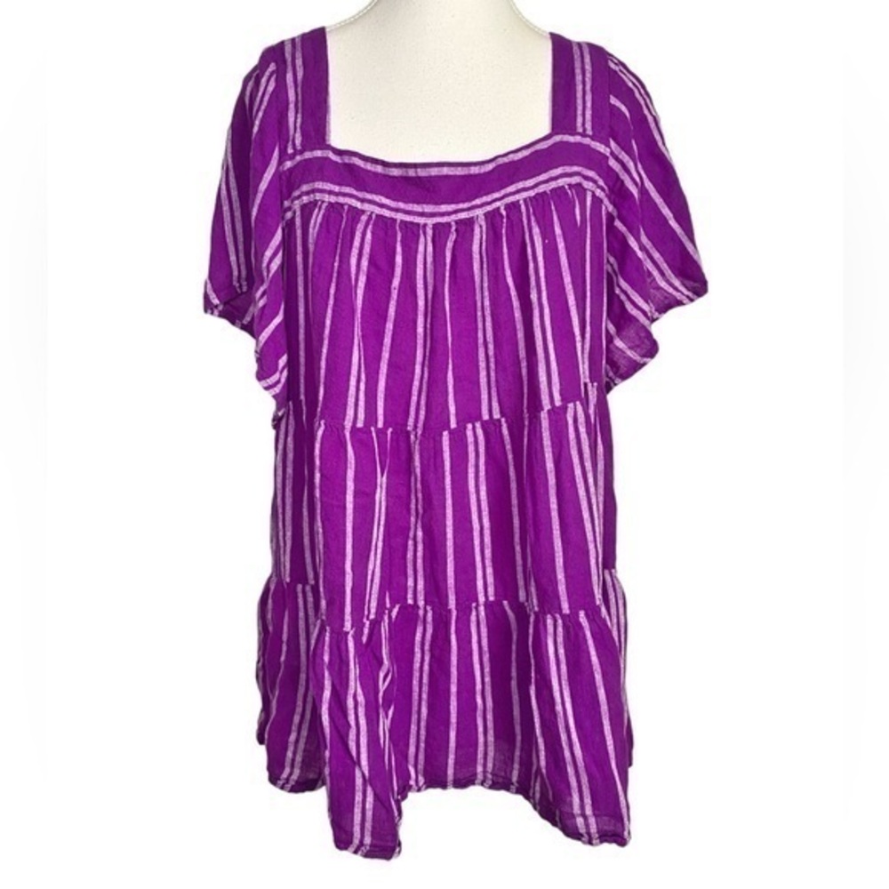 Terra & Sky Purple Striped Linen/Rayon Blend Top with Flutter Sleeves